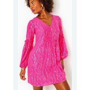 Lilly Pulitzer Cleme Long Sleeve Silk Chiffon Dress Pink Palms $268 Size 4